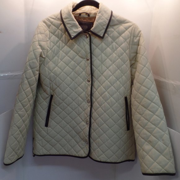 Coach Women's Bone Colored Quilted Puffer Jacket W Brown Leather Trim Snap Up S - Picture 1 of 10